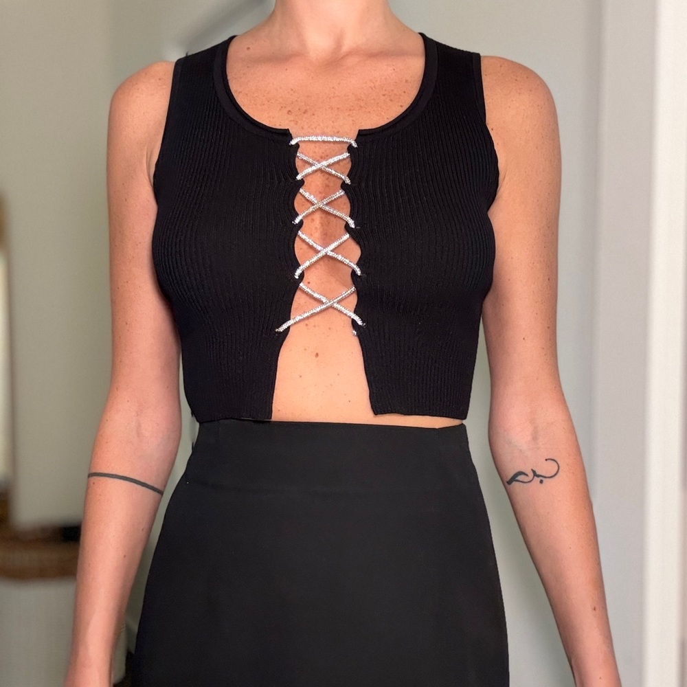 Black Lace-Up Ribbed Crop Top